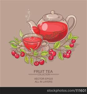 cherry tea illustration. cup of cherry tea and teapot on color background