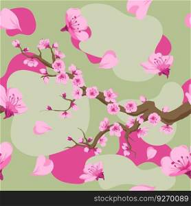 Cherry tree branches with petals, blooming sakura. Petals and twigs with flowers in blossom. Oriental botany and decoration motif. Seamless pattern, print or background. Vector in flat style. Sakura blossom, cherry tree branches with petals