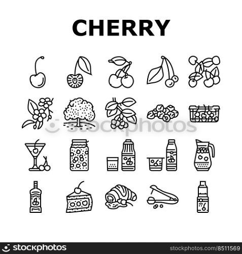 Cherry Vitamin Freshness Berry Icons Set Vector. Cherry Compote And Juice, Alcoholic Cocktail And Yogurt, Pastry Cookie With Fruit Jam And Delicious Pie Dessert Black Contour Illustrations. Cherry Vitamin Freshness Berry Icons Set Vector