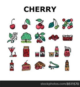 Cherry Vitamin Freshness Berry Icons Set Vector. Cherry Compote And Juice, Alcoholic Cocktail And Yogurt, Pastry Cookie With Fruit Jam And Delicious Pie Dessert Color Illustrations. Cherry Vitamin Freshness Berry Icons Set Vector