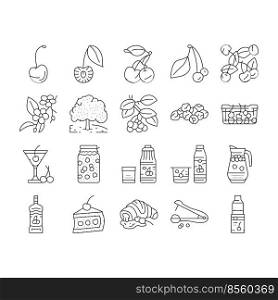 Cherry Vitamin Freshness Berry Icons Set Vector. Cherry Compote And Juice, Alcoholic Cocktail And Yogurt, Pastry Cookie With Fruit Jam And Delicious Pie Dessert Black Contour Illustrations. Cherry Vitamin Freshness Berry Icons Set Vector