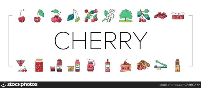 Cherry Vitamin Freshness Berry Icons Set Vector. Cherry Compote And Juice, Alcoholic Cocktail And Yogurt, Pastry Cookie With Fruit Jam And Delicious Pie Dessert Color Illustrations. Cherry Vitamin Freshness Berry Icons Set Vector