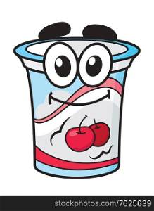 Cherry yoghurt, milk or cream happy cute cartoon style plastic package character for fresh food design