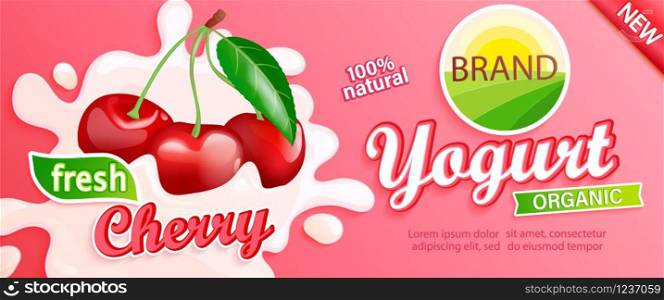 Cherry Yogurt label. Natural and fresh berries in milk splashes for your brand, logo, emblem, sticker. Organic and sweet dessert. Template for your design.Vector illustration.. Cherry Yogurt label for design.