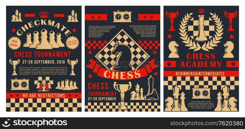 Chess academy tournament, checkmate strategy sport championship game posters. Vector chess club cup for beginners and professional players, with game score clock and chessboard pieces. Chess sport tournament, professional academy