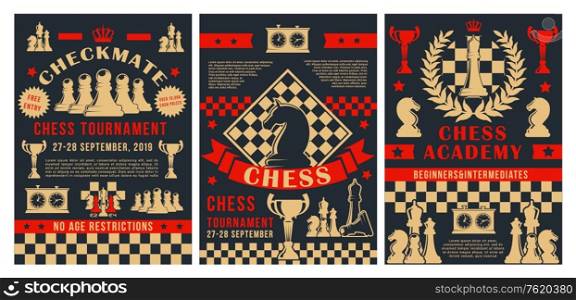Chess academy tournament, checkmate strategy sport championship game posters. Vector chess club cup for beginners and professional players, with game score clock and chessboard pieces. Chess sport tournament, professional academy