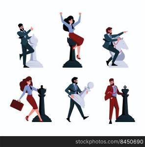 Chess and people. Business strategy concept characters moving chess figures collaboration team tactics partnership game challenges vector flat persons colored. Strategy chess business illustration. Chess and people. Business strategy concept scenes characters moving chess figures collaboration team tactics partnership game challenges garish vector flat persons colored style