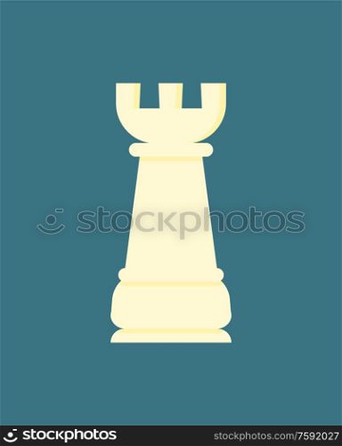Chess Bishop or simple rook white figure isolated on blue. Vector strategy and challenge concept, game pawn in flat style. Chessboard game logo, playing piece. Chess Bishop or Simple Rook White Figure Isolated