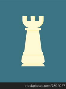 Chess Bishop or simple rook white figure isolated on blue. Vector strategy and challenge concept, game pawn in flat style. Chessboard game logo, playing piece. Chess Bishop or Simple Rook White Figure Isolated