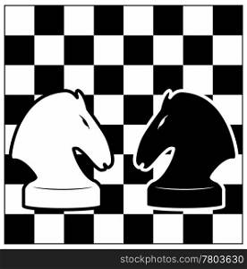 Chess board and two knights. Vector illustration. Contour.