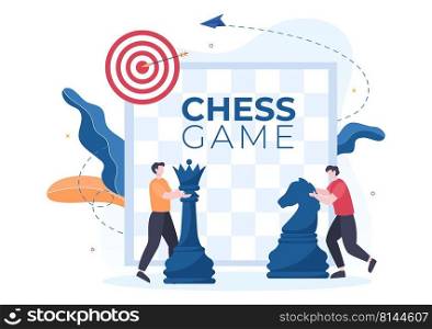 Chess Board Game Cartoon Background Illustration with Two People Sitting Across From Each Other and Playing for Hobby Activity in Flat Style
