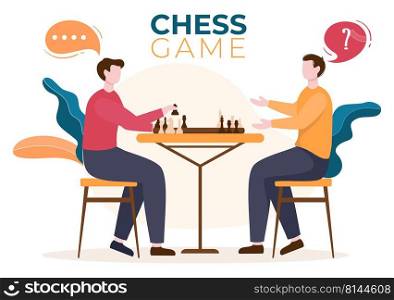 Chess Board Game Cartoon Background Illustration with Two People Sitting Across From Each Other and Playing for Hobby Activity in Flat Style