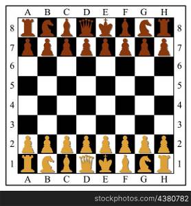 Chess board with chess pieces. Vector illustration.