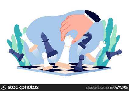 Chess business strategy. Businessman game, hand moves queen piece on board. Abstract mind thinking, career victory gambit vector concept. Illustration business chess strategy, businessman play in game. Chess business strategy. Businessman game, hand moves queen piece on board. Abstract mind thinking, career victory gambit utter vector concept