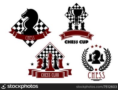 Chess club and tournament cup icons with king, queen, bishop, knight, rook and pawn pieces, trophy cup and chessboards, framed by laurel wreath, ribbon banners and stars . Chess game club and cup icons