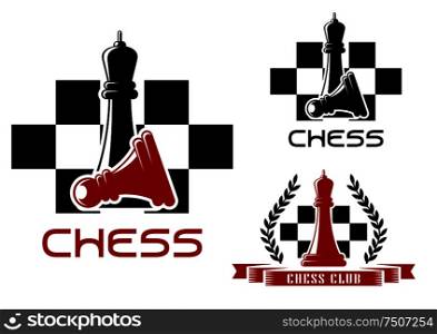 Chess club icons with standing black queen over fallen pawn and red queen decorated by wreath and ribbon banner on checkered background. Chess club icons with queen and pawn
