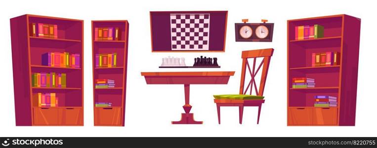 Chess club interior with board, pieces and clock. Vector cartoon set of furniture for playing chess, table, chairs, bookcases with books and checkerboard in wooden frame isolated on white background. Chess club furniture with board, pieces and clock