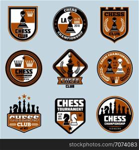 Chess club labels. Business strategy vector logos and emblems. Game chess logo tournament and championship illustration. Chess club labels. Business strategy vector logos and emblems