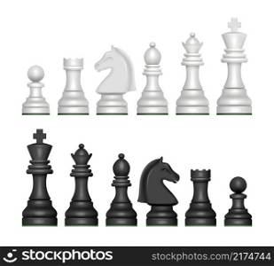 Chess figures. Strategy game symbols pawn horse knights king and queen decent vector realistic pictures. Chess game strategy, play strategic team illustration. Chess figures. Strategy game symbols pawn horse knights king and queen decent vector realistic pictures