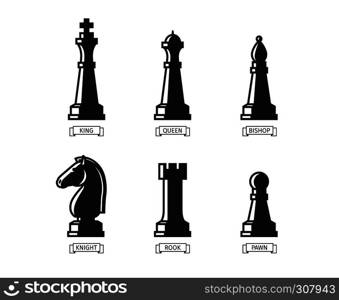 Chess Figures with Names. Black chess icons over white background. Chess Figures
