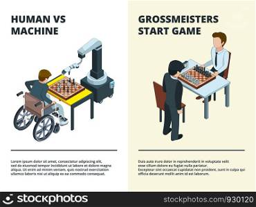 Chess game banners. Gamers playing at board tactical game various figures rook knight queen intellectual competition vector isometric. Illustration of chess strategy, chessboard isometric with figure. Chess game banners. Gamers playing at board tactical game various figures rook knight queen intellectual competition vector isometric