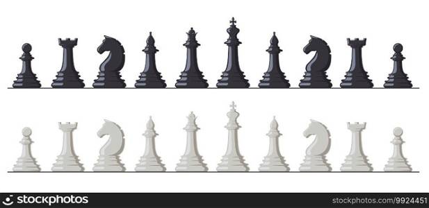 Chess game. Black and white chess pieces, king, queen, bishop, rook, knight and pawn. Logic intellectual chess game figures vector illustration set. Realistic elements of different shape. Chess game. Black and white chess pieces, king, queen, bishop, rook, knight and pawn. Logic intellectual chess game figures vector illustration set