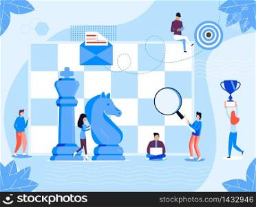 Chess game concept vector. People work. Business, marketing strategy illustration. Successful teamwork and competition scene. Tiny people play with Queen, Knight in chess.. Chess game concept vector. People work. Business, marketing strategy illustration. Successful teamwork and competition scene. Tiny people play with Queen, Knight