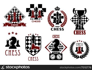 Chess game heraldic symbols of chessboards with pieces of kings, queens, bishops, knights, rook and pawns, clock, trophy cup, heraldic shield, wreaths, ribbon banners and crowns. Chess game heraldic symbols and emblems