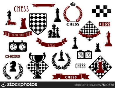 Chess game items and heraldic elements with chessboard, queen, king, bishop, knight, rook and pawn, clock, trophy, checkered shield, wreath, ribbon banner and crown. Chess game and heraldic design elements
