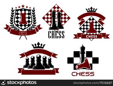 Chess game sporting emblems design with kings, queen, rook and pawns pieces on chessboard, supplemented by heraldic shield, wreath, red ribbon banners, stars and crowns . Chess game sporting club emblems design