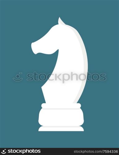 Chess horse white piece isolated on blue. Vector strategy and challenge concept, pawn in flat style. Stallion or equine in table game logo, playing competition. Chess Horse White Piece Isolated on Blue. Vector