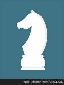 Chess horse white piece isolated on blue. Vector strategy and challenge concept, pawn in flat style. Stallion or equine in table game logo, playing competition. Chess Horse White Piece Isolated on Blue. Vector