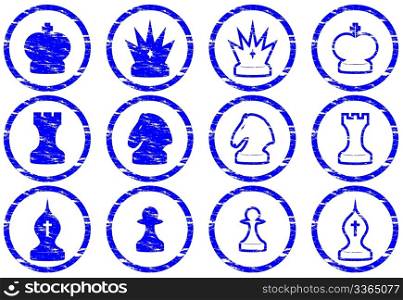 Chess icons set. Grunge. White - dark blue palette. Vector illustration.