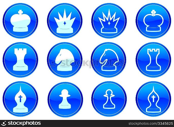 Chess icons set. White - dark blue palette. Vector illustration.