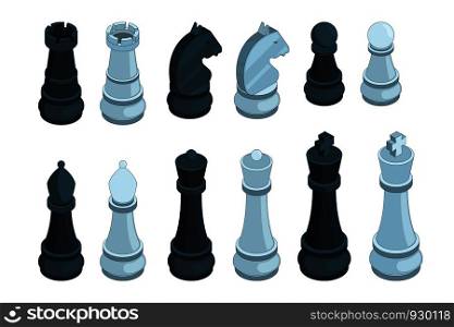 Chess isometric. Board game figures piece queen bishop strategy vector 3d pictures set isolated. Illustration of chess game, piece and bishop, pawn isometric and knight. Chess isometric. Board game figures piece queen bishop strategy vector 3d pictures set isolated