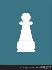 Chess piece pawn, white figure isolated on blue. Vector checkmate item, chessboard game element in flat design cartoon style. Strategic sportive play. Chess Piece Pawn, White Figure Isolated on Blue
