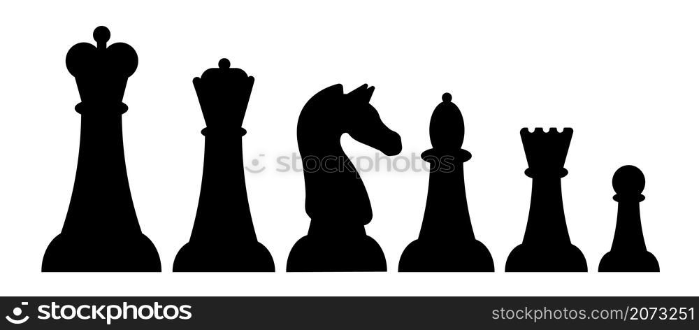 Chess pieces. Black piece logo, rook queen king icons. Board game objects silhouettes, flat pawn knight bishop utter vector set. Bishop and queen, piece and knight, chess king or rook illustration. Chess pieces. Black piece logo, rook queen king icons. Board game objects silhouettes, isolated flat pawn knight bishop utter vector set