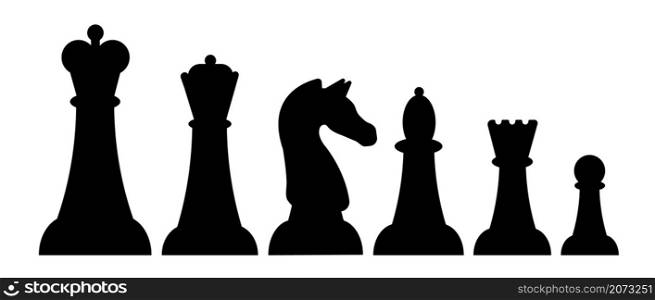 Chess pieces. Black piece logo, rook queen king icons. Board game objects silhouettes, flat pawn knight bishop utter vector set. Bishop and queen, piece and knight, chess king or rook illustration. Chess pieces. Black piece logo, rook queen king icons. Board game objects silhouettes, isolated flat pawn knight bishop utter vector set