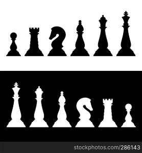 Chess pieces black silhouettes set. Business strategy vector icons king and queen, knight and bishop, rook and pawn illustration. Chess pieces black silhouettes set. Business strategy vector icons