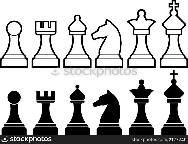 Chess pieces including king, queen, rook, pawn, knight, and bishop vector illustration