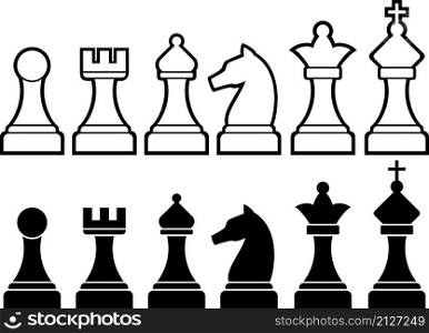 Chess pieces including king, queen, rook, pawn, knight, and bishop vector illustration