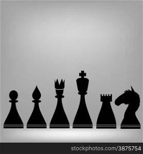 Chess Pieces Silhouettes on Grey Background. Pawn and Bishop, Queen, Rook,Knight