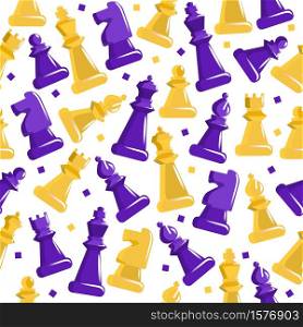 Chess seamless pattern. Purple and yellow figures on cage field ancient strategy game developing logic decorative vintage art with beautiful textures logic battle vector competition.. Chess seamless pattern. Purple and yellow figures on cage field ancient strategy game developing logic.