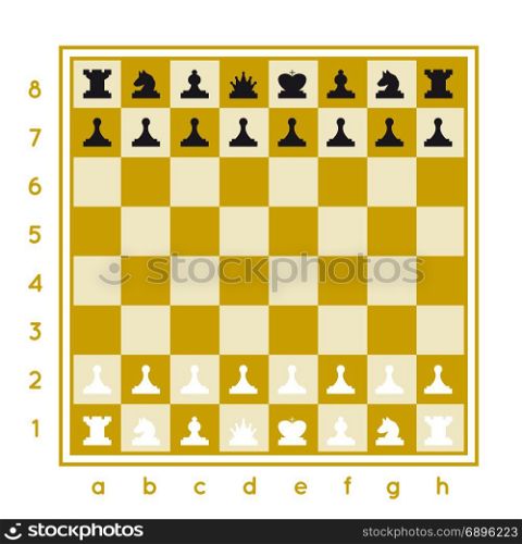 Chess set vector illustration on white background with a chessboard. A chess set that includes itself, a pawn, a horse, a rook of the king, a queen, black and white