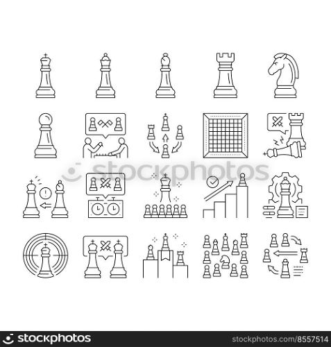 Chess Smart Strategy Game Figure Icons Set Vector. King And Queen, Rook And Pawn, Elephant And Horse For Playing Chess. Players Playing Together On Competition Success Black Contour Illustrations. Chess Smart Strategy Game Figure Icons Set Vector