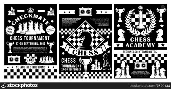 Chess sport tournament, academy or club championship cup posters. Vector chess pieces in checkmate strategy on chessboard with game score clock and royal crown or victory laurel. Chess academy tournament, sport club championship