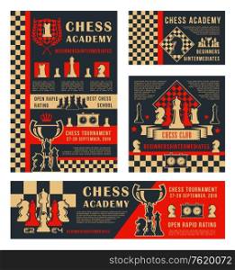 Chess sport tournament and school or academy championship banners. Vector chess leisure game pieces horse, rook and king crown on chessboard with score clock and victory cup. Chess tournament, sport school academy
