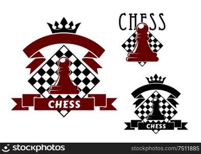 Chess sporting game icons with red and black pawns, turned by chessboards on background. Decorated by ribbon banners with crowns. Chess game icons with pawn and chessboard