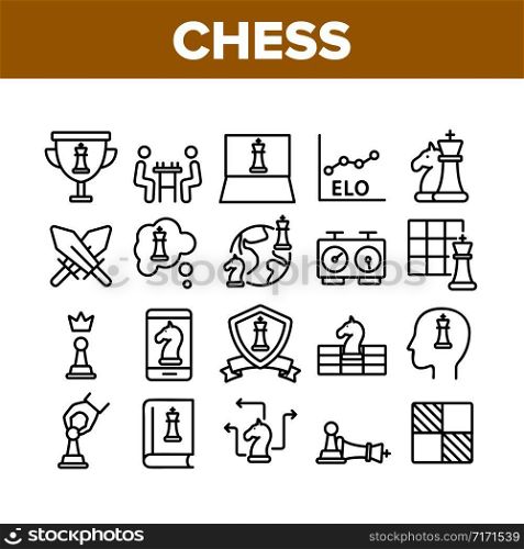 Chess Strategy Game Collection Icons Set Vector Thin Line. Chess King And Queen, Horse And Piece, Clock And Book, Desk And Championship Cup Concept Linear Pictograms. Monochrome Contour Illustrations. Chess Strategy Game Collection Icons Set Vector