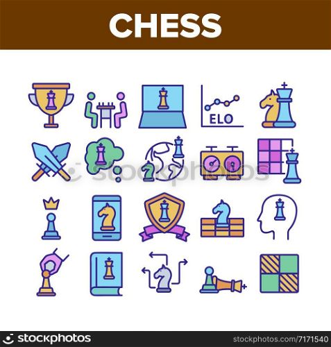 Chess Strategy Game Collection Icons Set Vector Thin Line. Chess King And Queen, Horse And Piece, Clock And Book, Desk And Championship Cup Concept Linear Pictograms. Color Contour Illustrations. Chess Strategy Game Collection Icons Set Vector